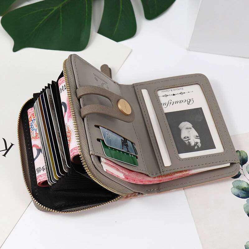 Spring summer new purse female short Japanese and Korean PU printed zipper buckle fashion mini trend money clip creative mul