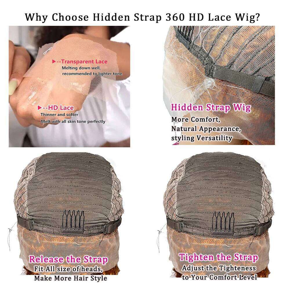 Hidden Strap Body Wave 360 Glueless Reddish Brown Pre Bleached Human Hair With Drawstring Full Lace Front Wig