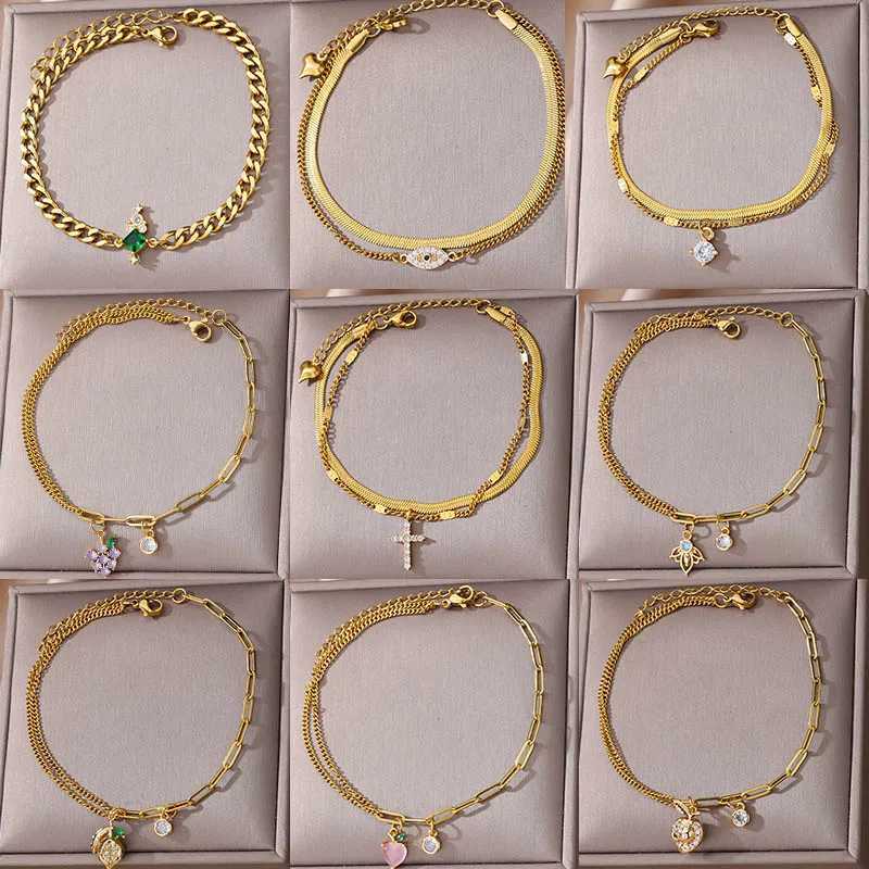 Zircon Cross Anklets For Women Gold Color Stainless Steel Cross Anklet Double Chain Summer Beach Party Jewelry Gift Accessories W250604