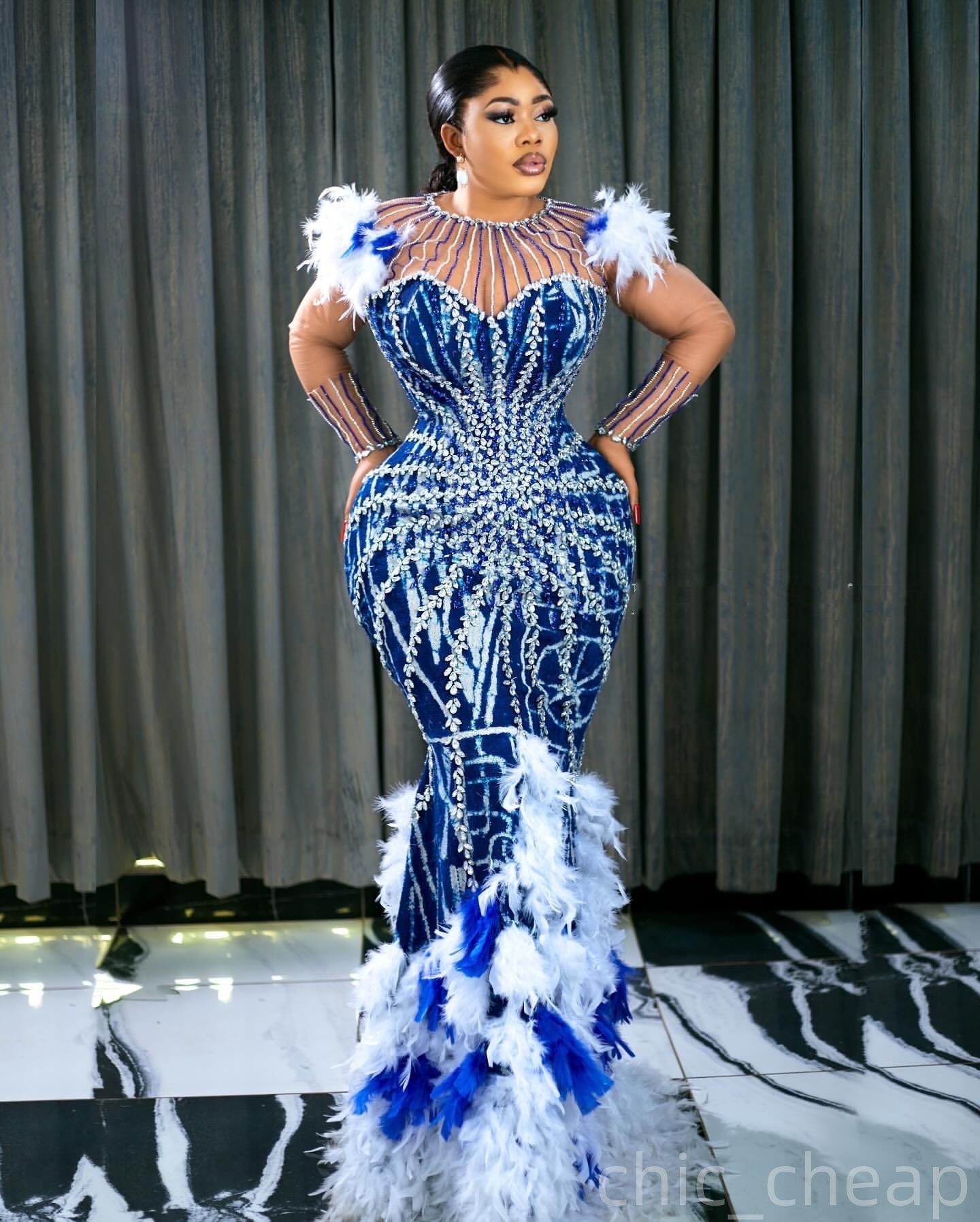 Mermaid Royal Blue Prom Dresses 2025 Crystals Feather Printed Evening Formal Party Second Birthday Engagement Gowns Plus Size Dress For Special Occasi