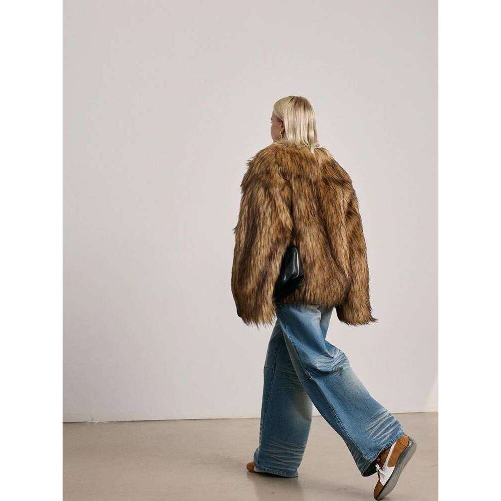 Brown Lapel Fluffy Jacket Winter Warm Women's Retro Loose Environmental Mink Faux Fur Short Plush Coat Overcoat