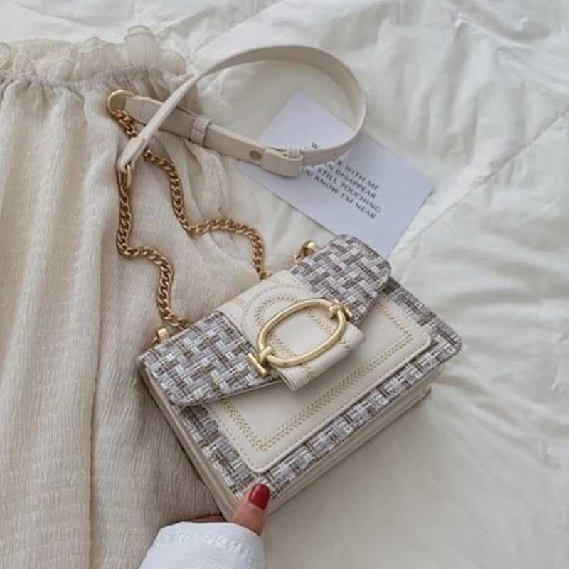 Chic Mini Plaid Tweed Crossbody Bag with Adjustable Strap Fashionable Buckle Closure - Available in Cream Green Blue Black XJ250604