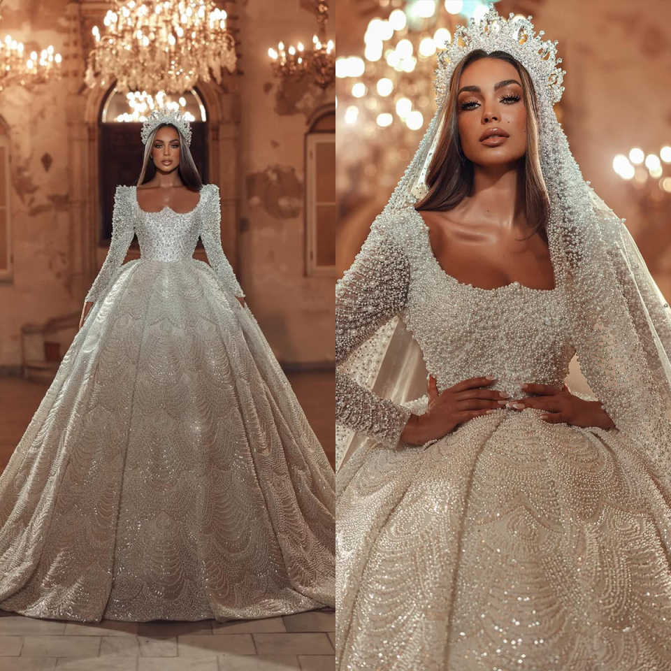 Queen Pearls Ball Gowns Bridal Dresses With Veil Luxurious Square Neck Long Sleeve Wedding Dress Shining Sweep Train Customized