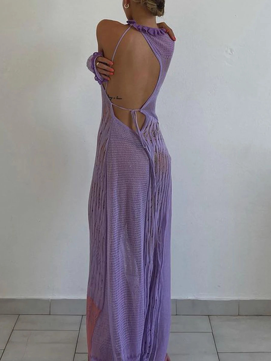 Women Sexy Y2k One Shoulder Long Sleeve Crochet Knit Long Dress Summer Beach See Through Party Grunge Club Cover Up Outfits 250604