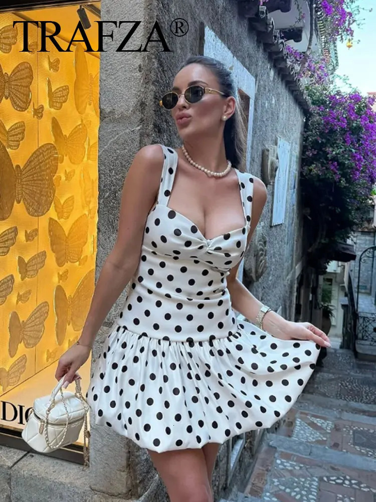 TRAFZA Summer Vintage Polkadot Sling Mini Dress For Women Sleeveless Pleated Slim Backless Balloon High Waist Trendy Dresses 250604