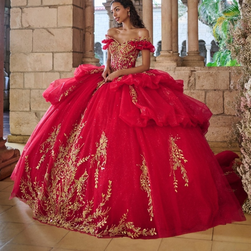 Red Quinceanera Dresses Ball Gown Gold Applique Lace Beads Bow Tull Party Birthday Sweet 16 Vestidos De XV 15 Anos