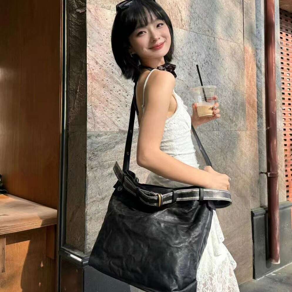 Women's Bags Designer GROTTO Series Trash Black Stone Hobo Mother-Daughter Tote Vegetable Tanned Wrinkled Sheepskin Single Shoulder Crossbody Bag
