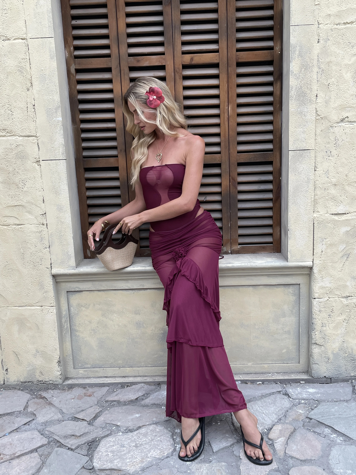 2025 2PC High Quality Tube Top 3D Flower One Piece Swimsuit And Skirt Retro red Women Bikini Set Swimwear Bathing Suit 250603