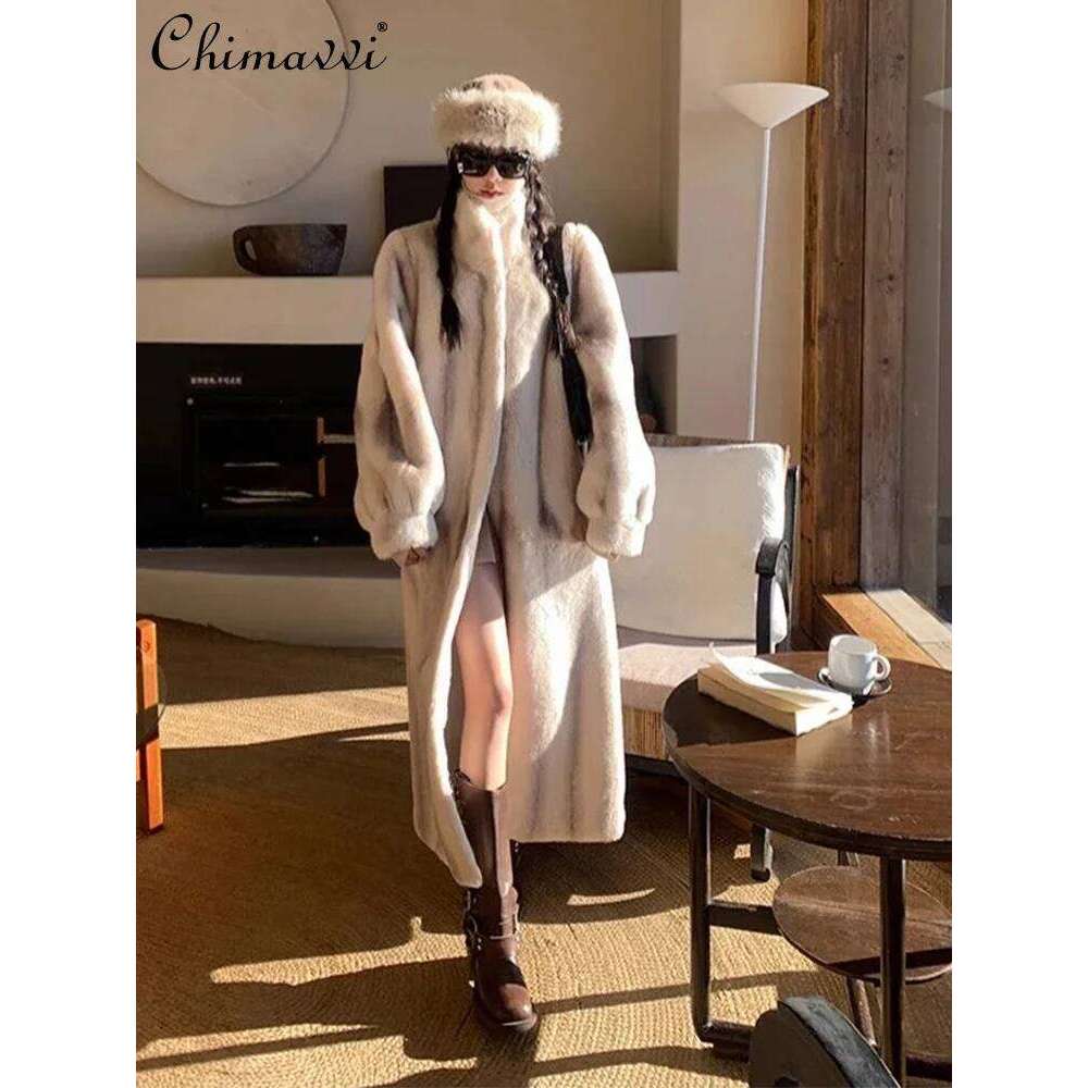 Fashion Fur Integrated Loose Cross Mink Coat Winter New High-end Lady Long-sleeved Warm Mid-length Fluffy Jacket