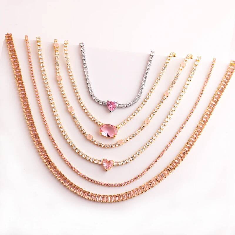 Pink Freen Heart Pendent Gold Plated CZ Tennis 3A Zircon Paved Crystal Chain Choker Necklace For Women Jewelry Gift