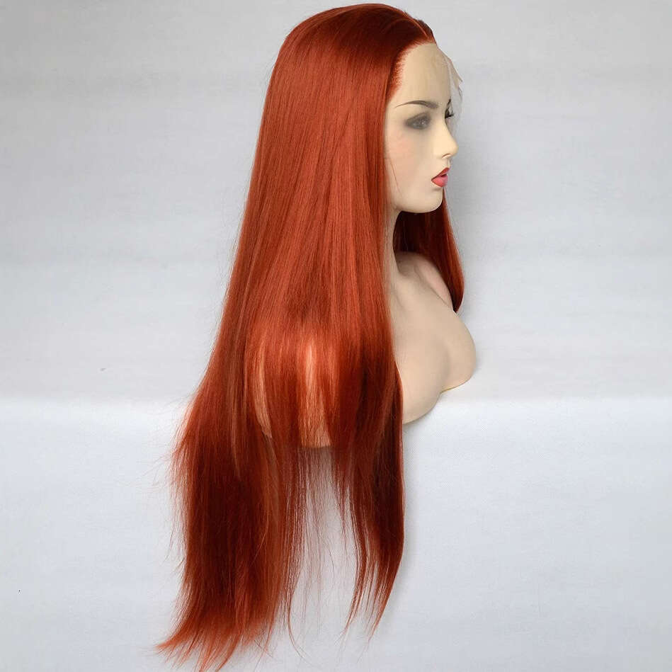 Brown Red Women's Handwoven Front Lace 350#Long Straight Synthetic Hair Wig With Half Hand-Tied Bangs