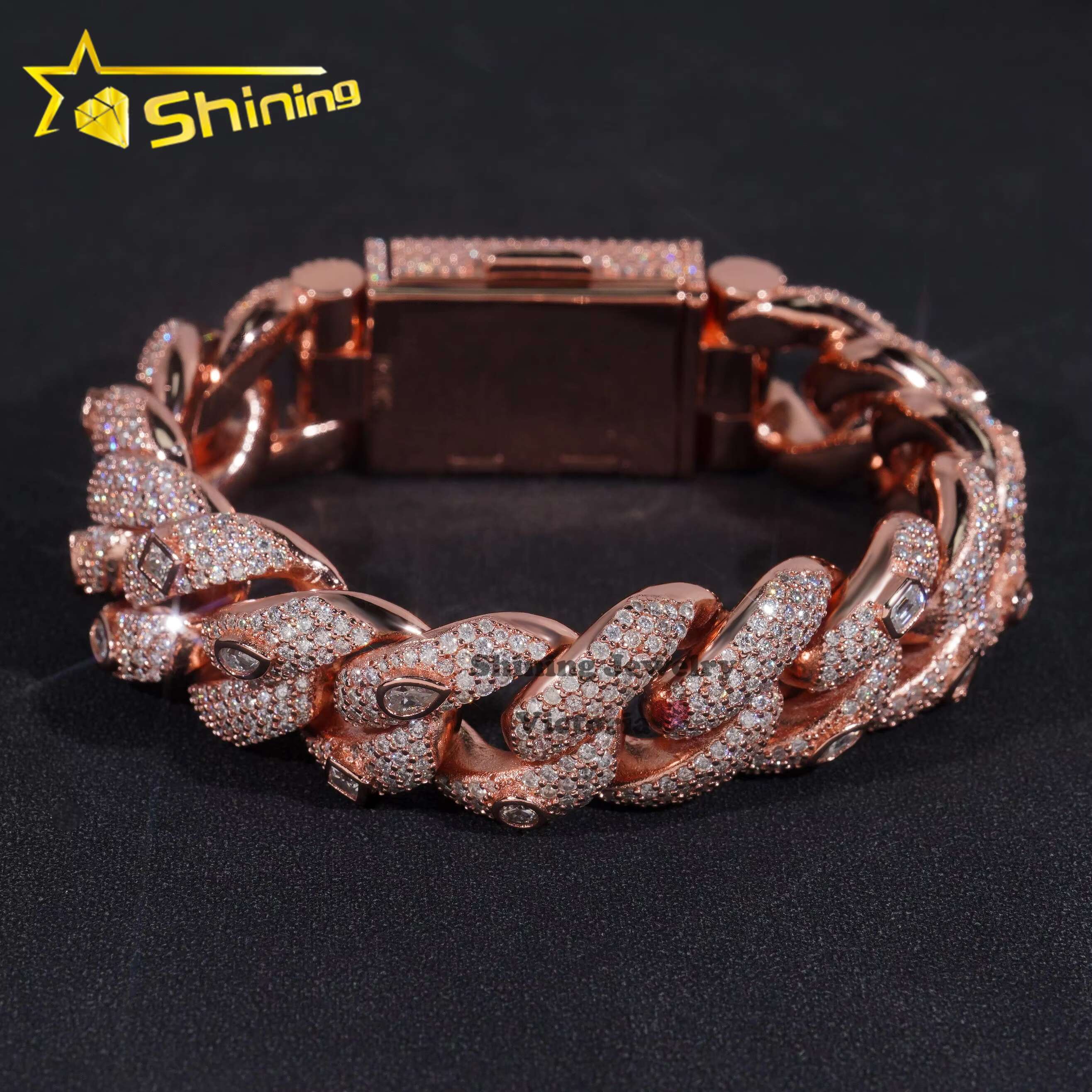 Pass Diamond Tester New Design Fine Jewelry 20MM Rose Gold Plated Moissanite Diamond Cuban Link Bracelet With Fancy Cut Stones