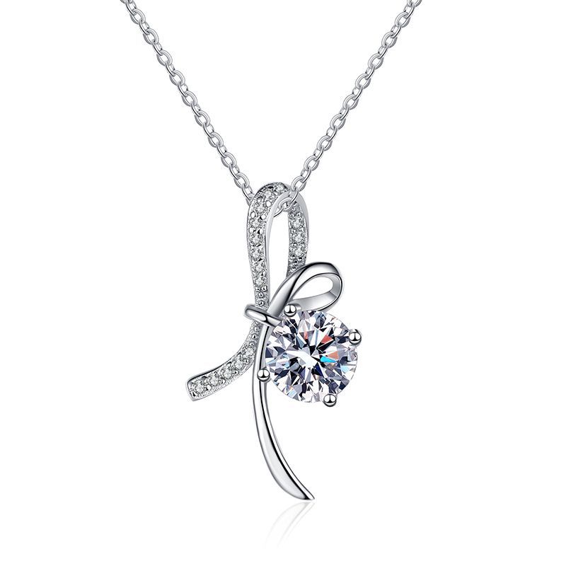 S925 Sterling Silver Moissanite Necklace with 1ct D-Color Moissanite Pendant, Elegant Butterfly Knot Design, Platinum Plated Jewelry for Women