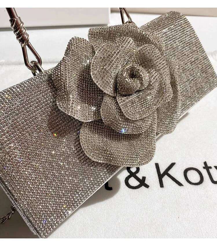 Designer Glitter Dia Floral Women's Handbag Crystal Rhinestones Evening Wedding Party Clutch Purse Crossbody Bag