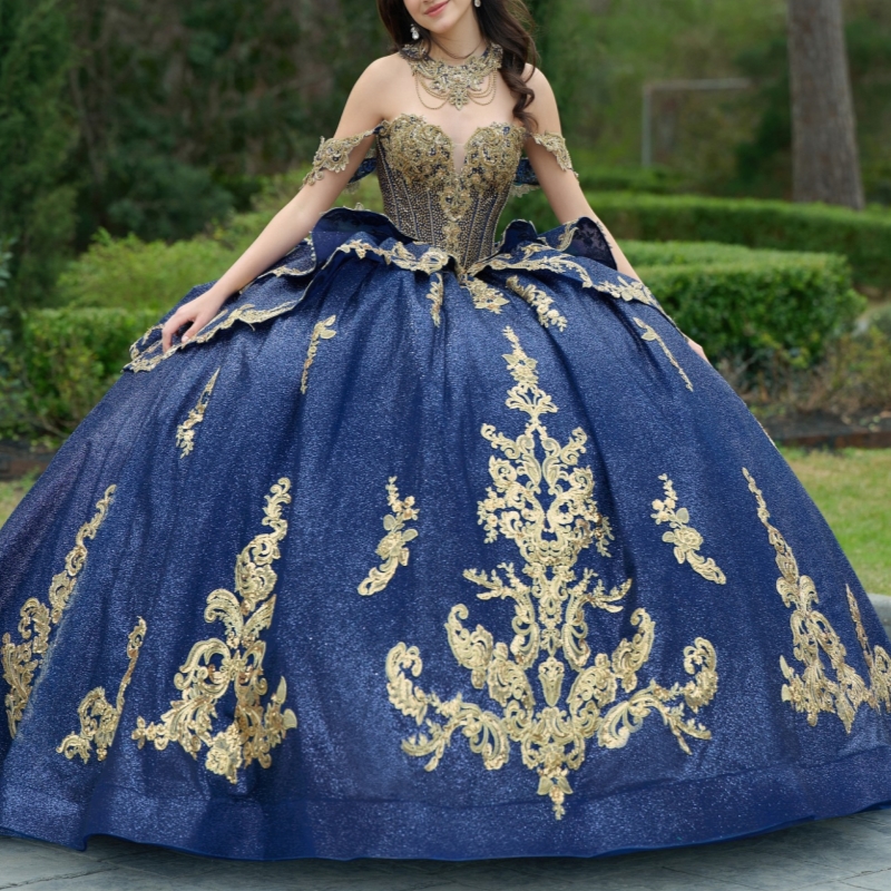 Navy Blue Sparkly Princess Quinceanera Dresses Off Shoulder Ball Gown Gold Appliques Lace Beading Bow Tull Sweet 16 Dress Vestidos De 15 Anos