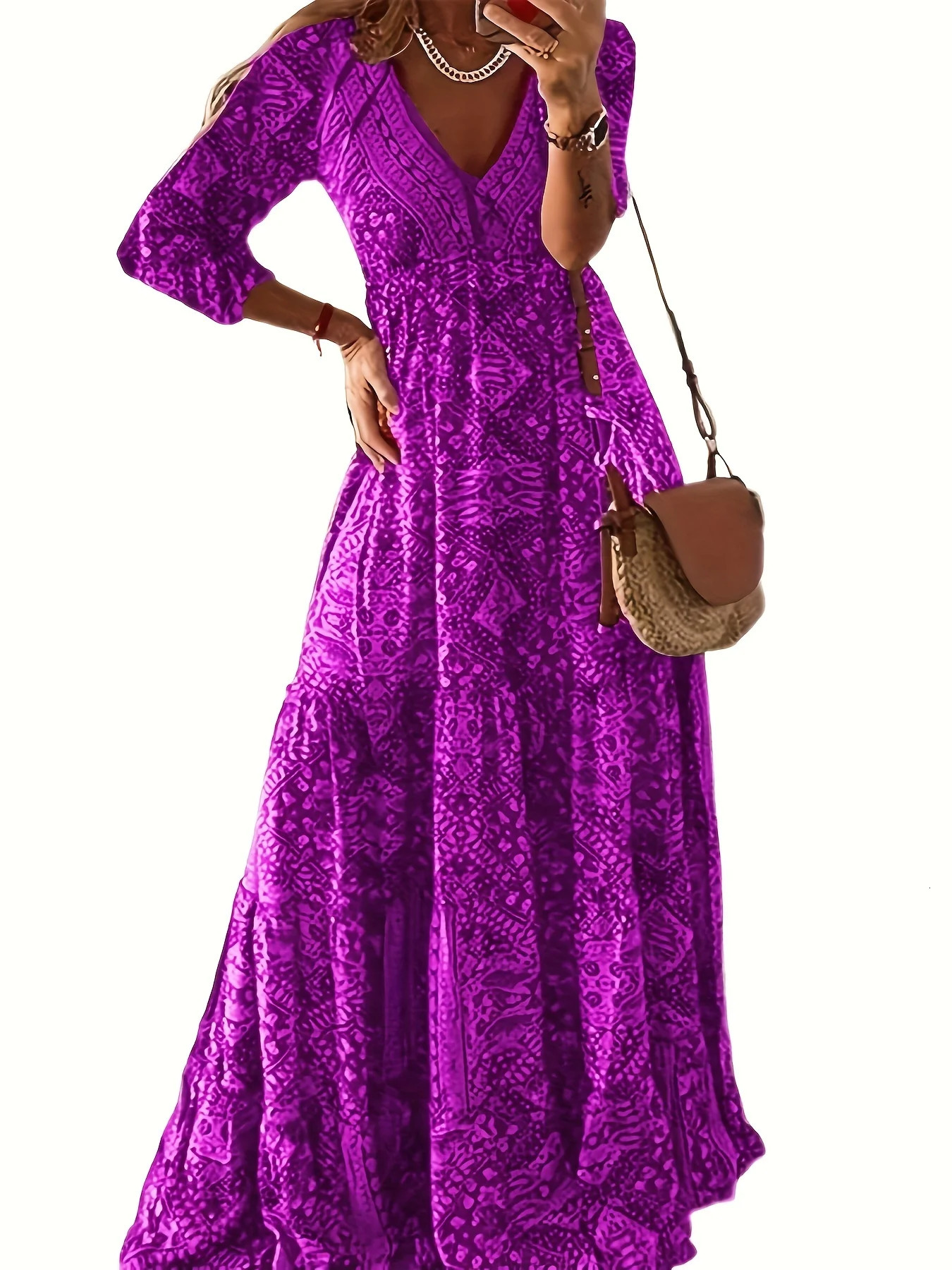 plussize European and American crossborder bohemian cropped sleeve highwaisted Vneck printed dress 250604