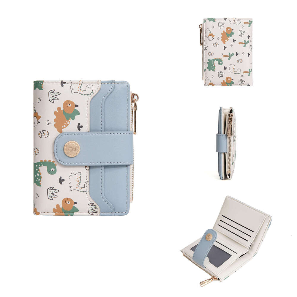 New Women's Short Baellerry Korean Version Cartoon Dinosaur Print Snap Button Wallet Zipper Coin Purse
