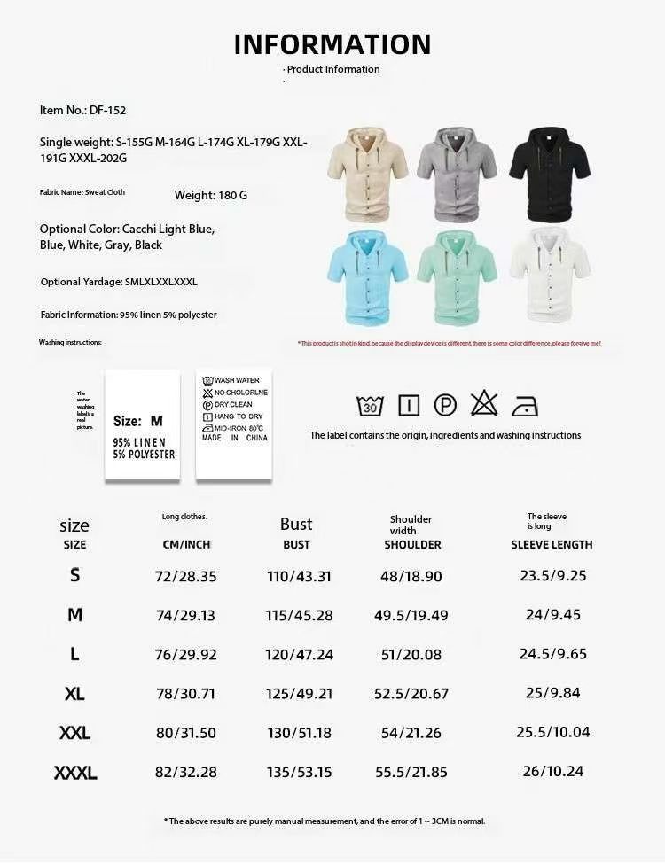 mens designer t shirt camisa de lino men dress shirt Men's Stylish Breathable Thin Hooded Short-Sleeved Cardigan Coat