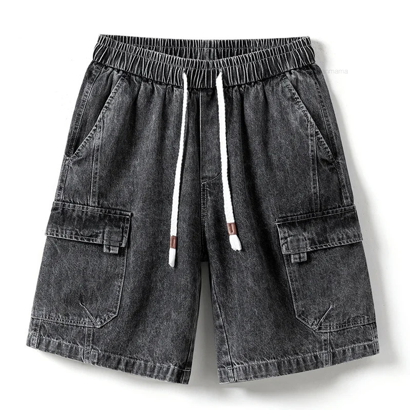 Summer Mens Loose Denim Shorts Blue Gray Streetwear Straight Elastic Waist Drawstring Fashionable Casual Short Jeans Male 250529Z
