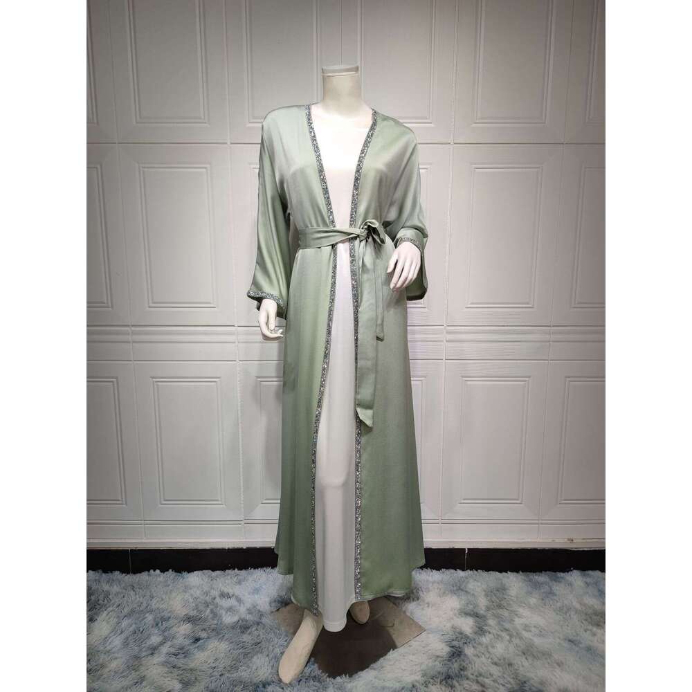 Mq058modest Rhinestone Long Dress Modern Fashion Satin Soft Outer Waist-Cinching Robe White Inner Abaya B5