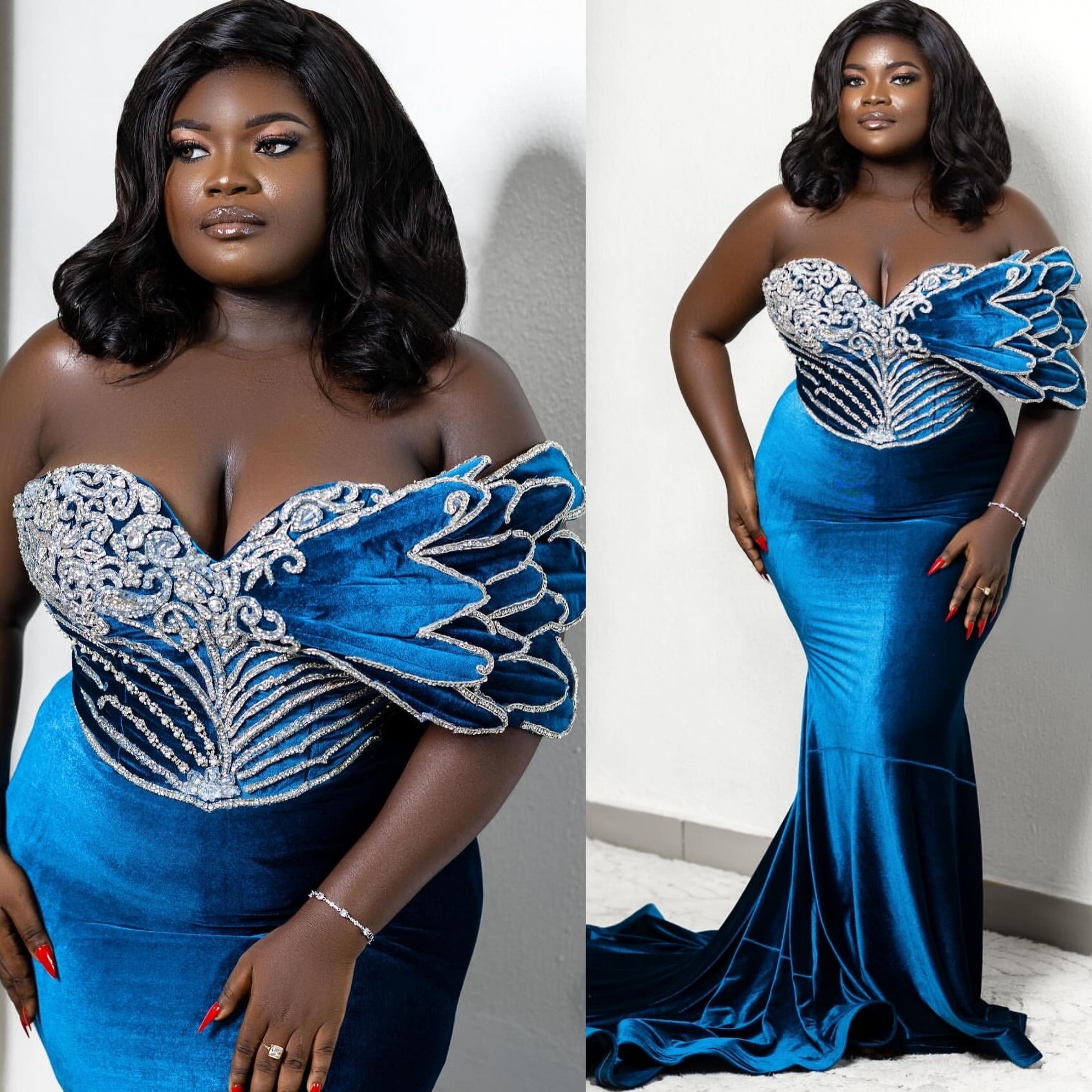Mermaid Blue Prom Dresses 2025 Lace Crystals Velvet Appliques Evening Formal Party Second Birthday Engagement Gowns Plus Size Dress For Special Occasi
