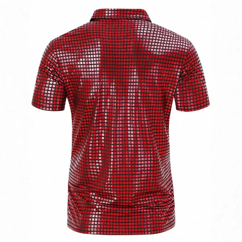 Fashion Men Short Sleeved Checkered Breathable Polo Shirt Red Blue Gold Homme High Street Casual Small Stretch Pullover Tops 250604Z