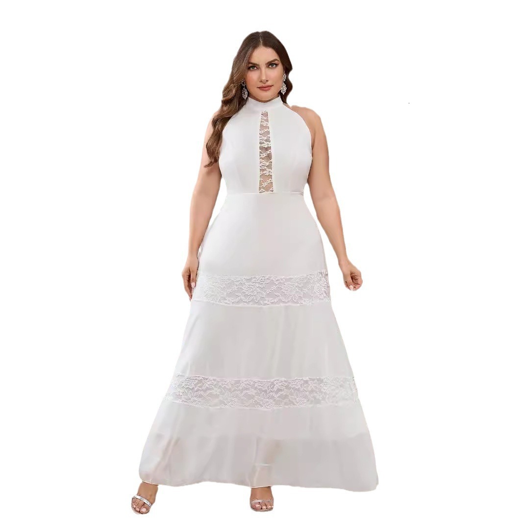 New plus size dress for womens sleeveless chiffon lace round neck solid color wedding banquet dress