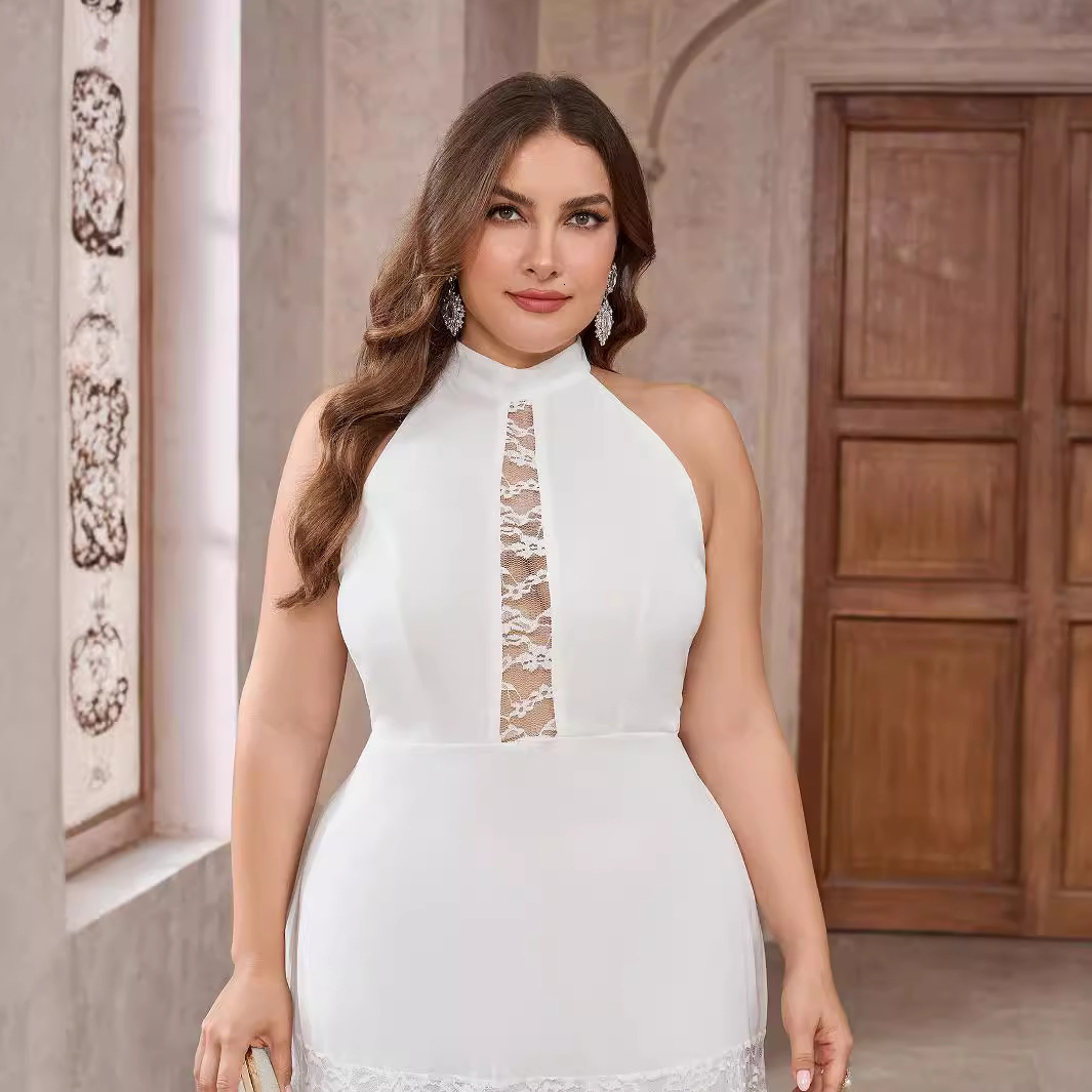 New plus size dress for womens sleeveless chiffon lace round neck solid color wedding banquet dress