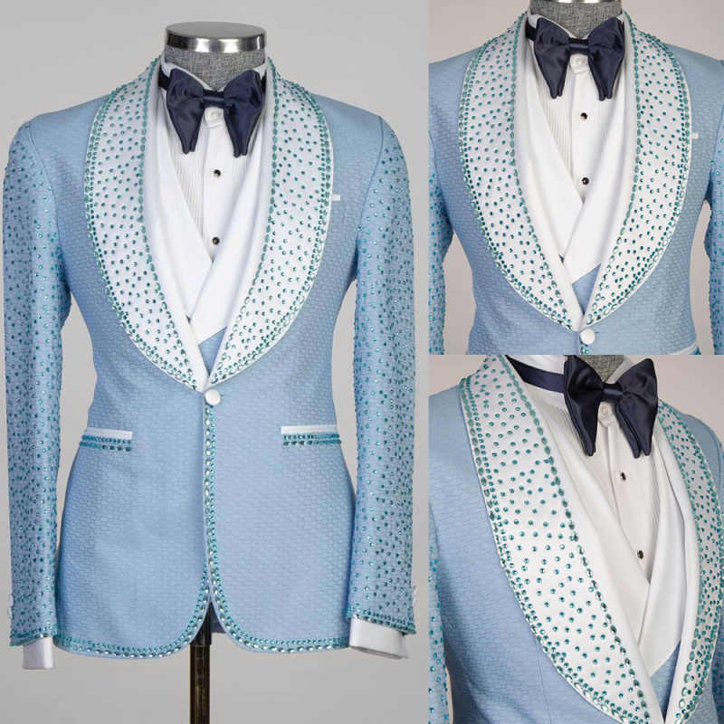 Customized Beaded Wedding Tuxedos Crystal 2 Piece Set Jacket One Button Luxury Men Suit Shawl Lapel Groom Wear Party Suits Customized Para Hombre Form
