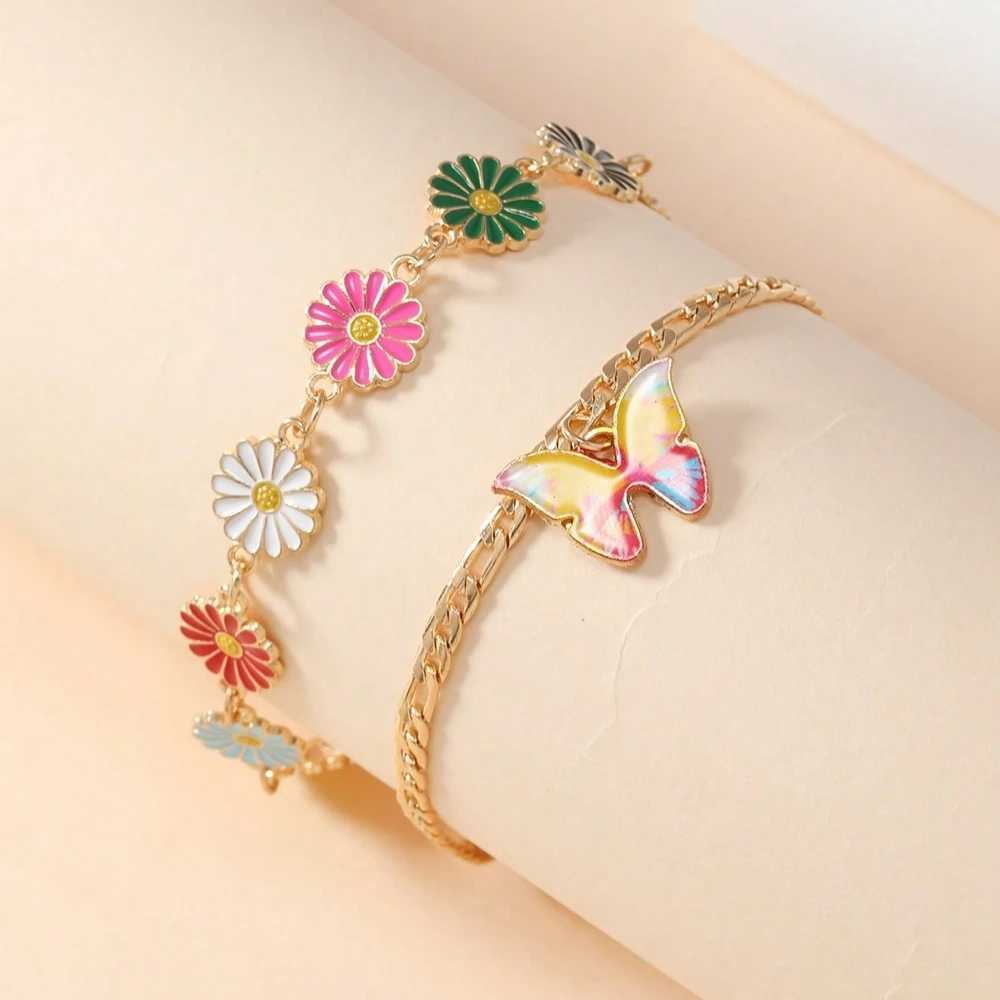 2 Piece Fashion Foot Bracelets Elegant Gold Color Enamel Daisy Butterfly Anklets For Women Summer Beach Jewelry Ankle Chain W250604