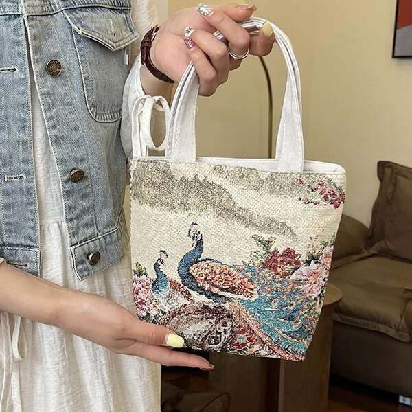 New Canvas Shoulder Handbag Double-Sided Gold Thread Jacquard Embroidery Ethnic Style Handheld Commuter Bag