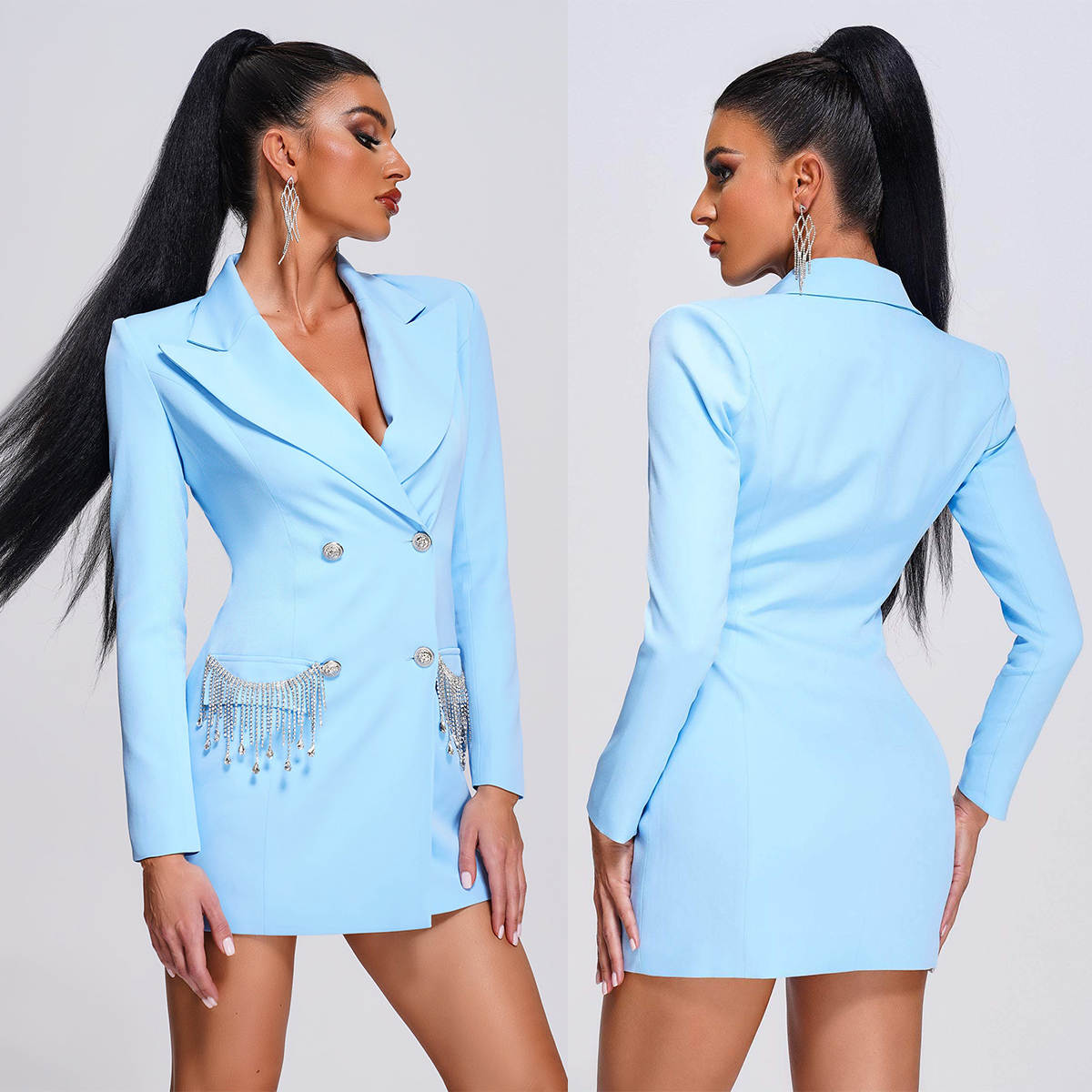 Sky Blue Women Blazer Dress Celebrity Lady Beading Evening Party Wedding Formal Outfits One Jacket
