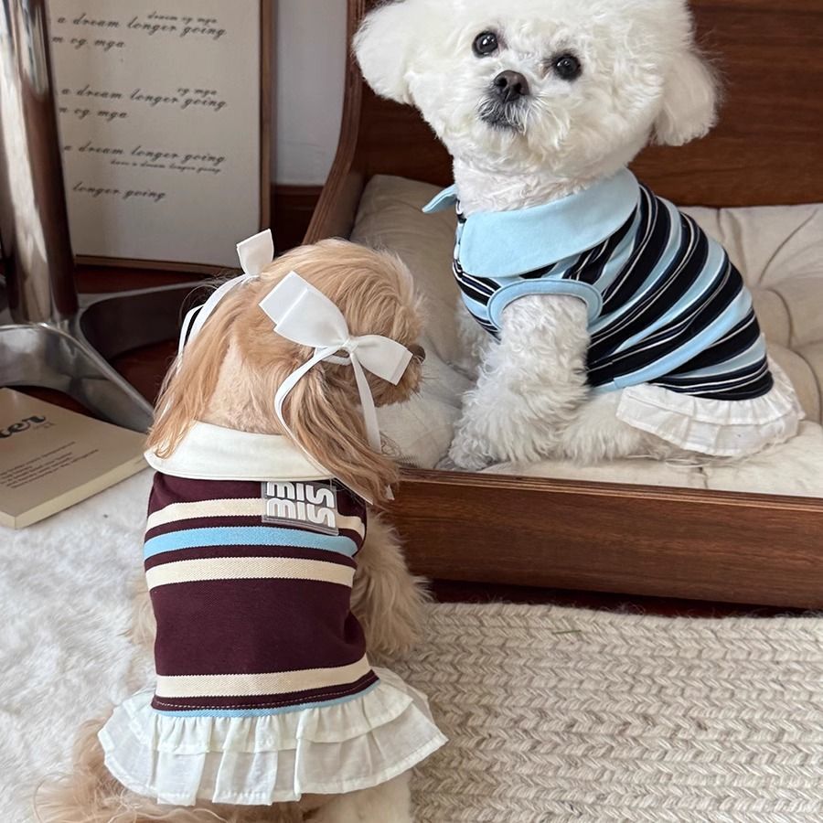 Dog Polo Collar Stripe Dress Summer Cat Outfits Soft Breathable Cotton Dogs Apparel Clothes for Small Medium Girls Puppy Lightweight Pet Dresses M D77