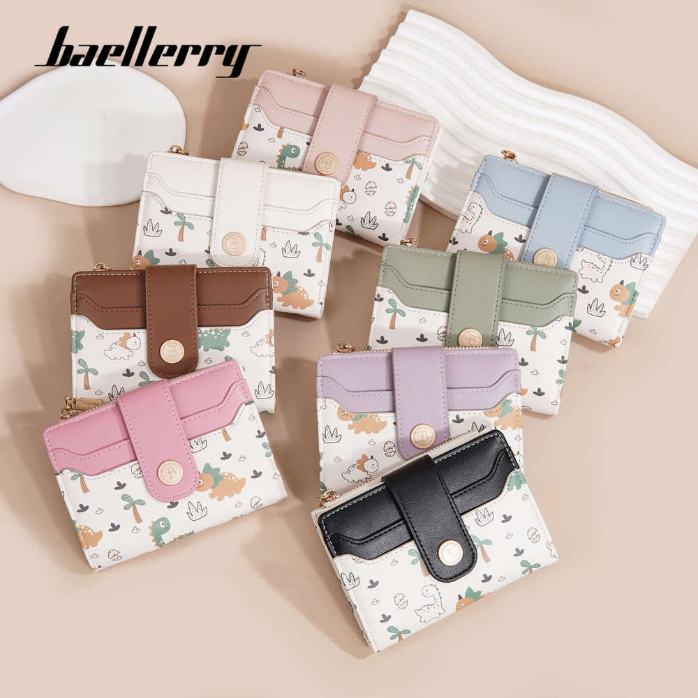 New Women's Short Baellerry Korean Version Cartoon Dinosaur Print Snap Button Wallet Zipper Coin Purse