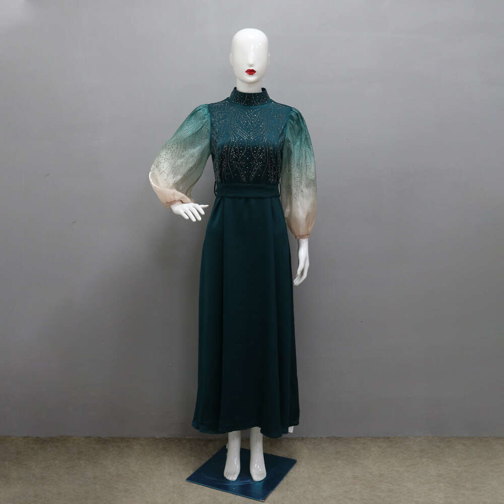 Because0287 Jalabiya Muslim Rhinestone Robe Puff Sleeve Evening Dress Gradient Color Gown B5