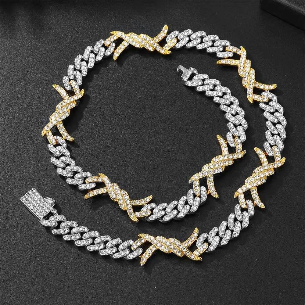 Hip Hop golden Micro Paved Zirconia Iced Out Bling Choker Necklace Men Women Barbed Wire Knot Miami Cuban Link Chain Jewelry 14"