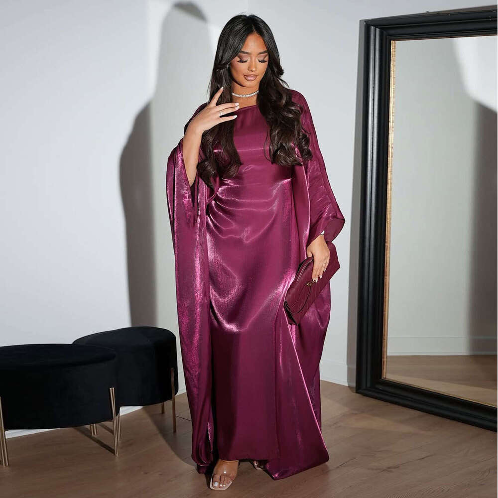 Mq104 New Summer Modest Muslim Fashion Shiny Satin Waist-Cinching Abaya Dress B5