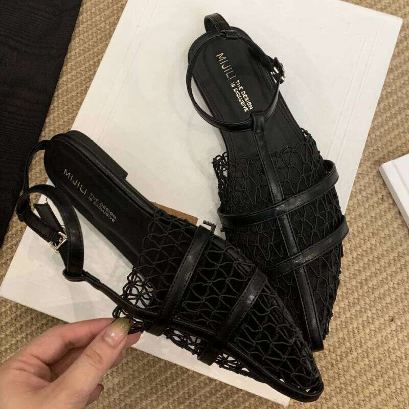 Mesh Hollow Comfort Flat Sandals Women Sexy Pointed Toe Naked Strap Summer Designer Shoe Party Elegant Dress Heels Ladies