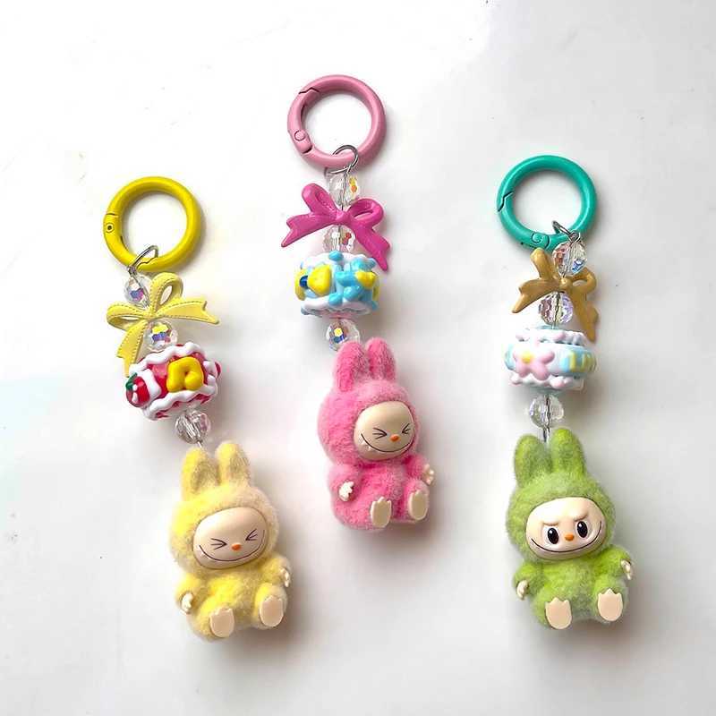 Flocking Labubu Doll Keyring Cell Phone Charm Mini Labubu Keychain The Monsters Box Backpack Pendant Decoration Child Kids Gift M250604