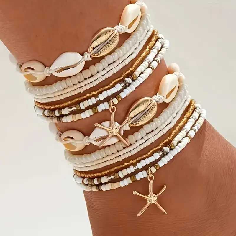 7/14pcs Bohemian Beaded Anklet Set for Women Summer Starfish Shell Charms Multi-Layer Beach Foot Bracelets Daily Wear Jewelry W250604