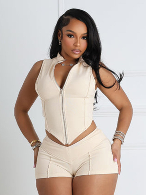 designer sportswear women summer two-piece set sexy lapel sleeveless line crop top high-waisted close-fitting shorts set Jogging Suits Sweatsuits
