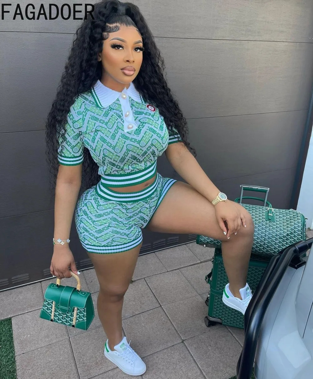 FAGADOER Rib Fashion Print Two Piece Set Women Outfits Sweet Y2k Crop Top and Shorts Casual Streetwear Summer Matching Sets 250530