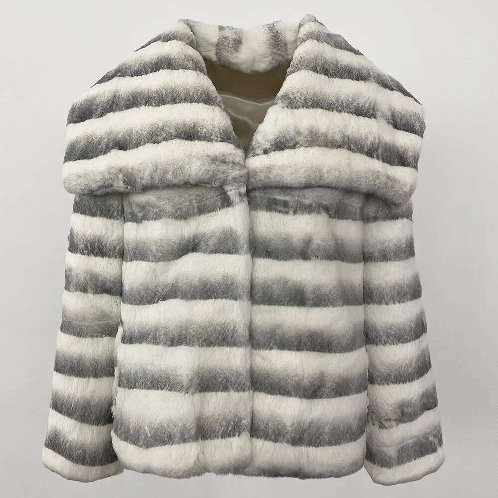 MENINA 2025 New Real Natural Rabbit Long Fur Stripe Winter Jacket Women Thick Warm Elegant Outerwear Streetwear Loose Coat