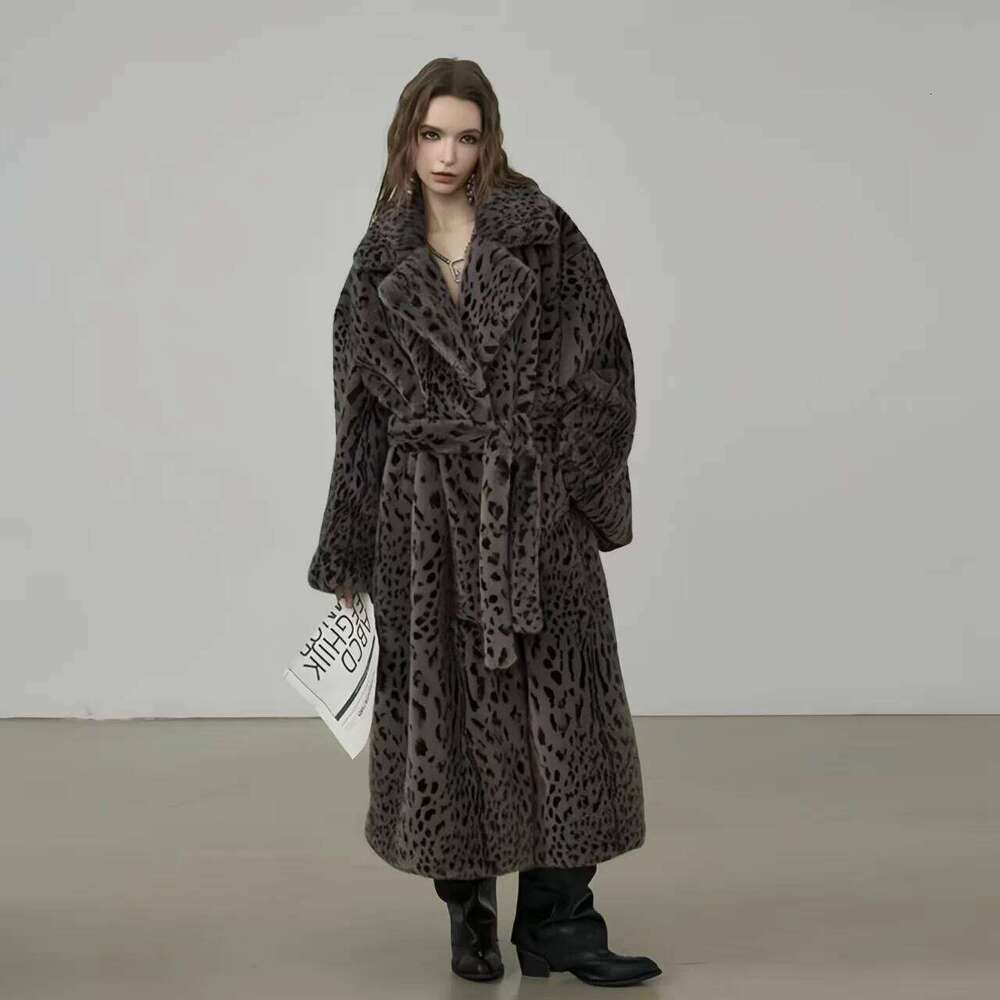 Winter Notched Lapel Collar Leopard Faux Mink Fur Coat Women Retro Tie Bow Sashes Belt Loose Warm England Style Long Outerwear