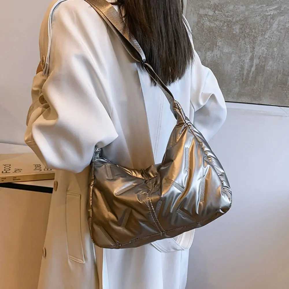 Cute Dumpling Bag Bright Space Cotton Tote Bag Korean Style Shoulder Bag Crossbody Bag Lightweight Silver Nylon Handbag Girls XJ250604