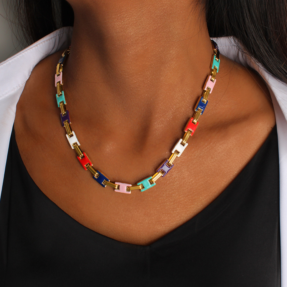 18k Real Gold Plated Colorful Oil Drop Stainless Steel Geometric Chain Necklace Bracelet Jewelry Set