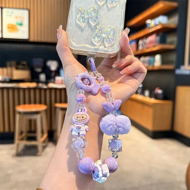 Labubu Painted Beads Phone Chain Hairball Keychain Sweet Girl Anti-lost Wrist Strap Bracelet Earphone Case Charm Bag Decoration M250604