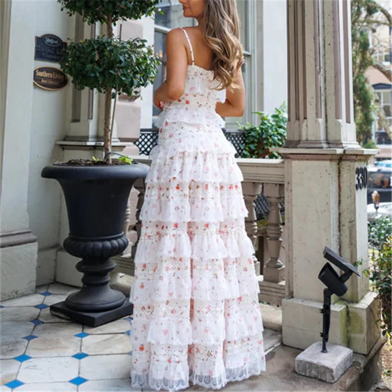 Women Boho Floral Smocked Maxi Dress Y2k Patchwork Lace Layered Long Beach Dress Casual Flowy Summer Sundress 250604
