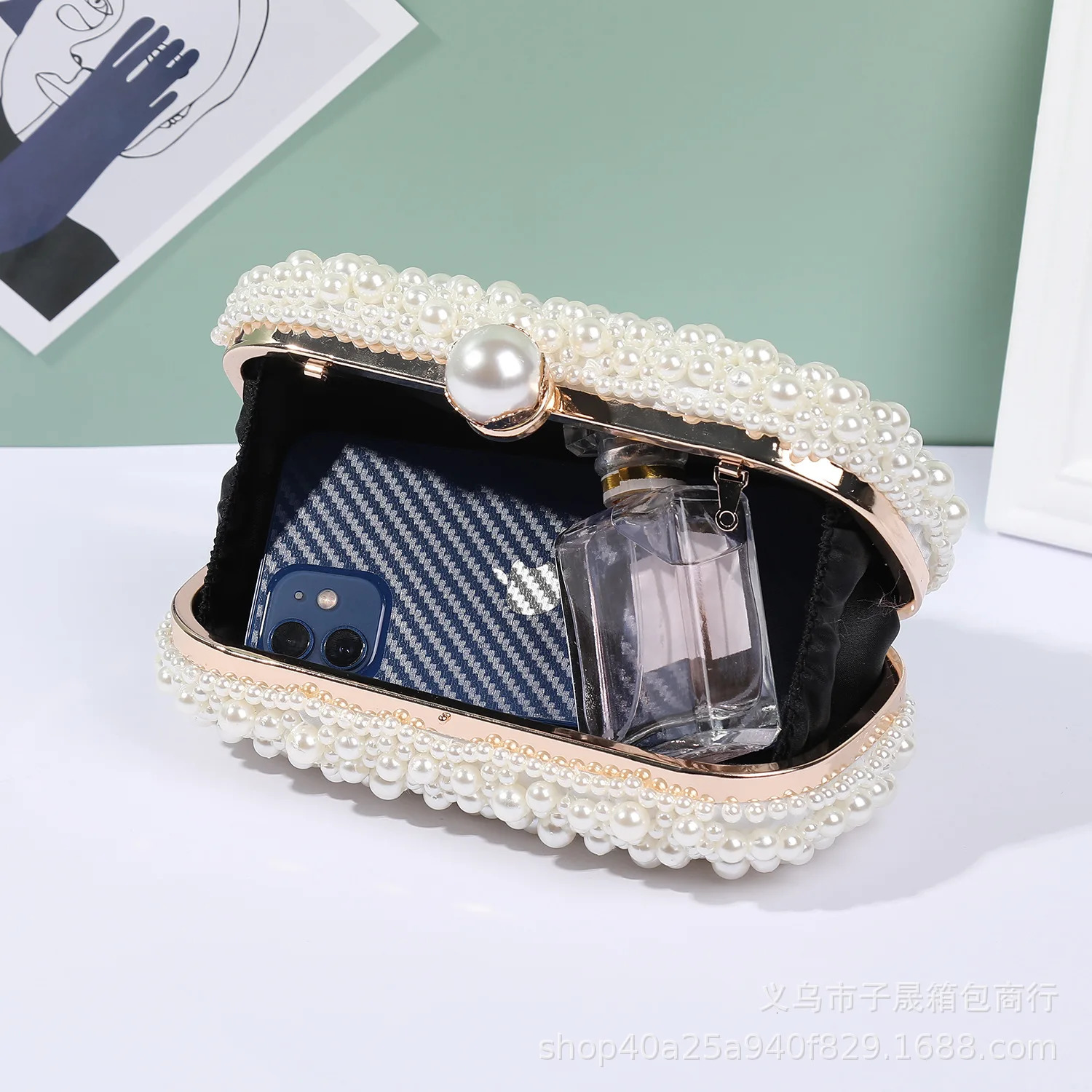 Fashion Elegant Women White Beige Special Crystals Beaded Pearl Evening Clutch Bags Wedding Party Handbag 250528