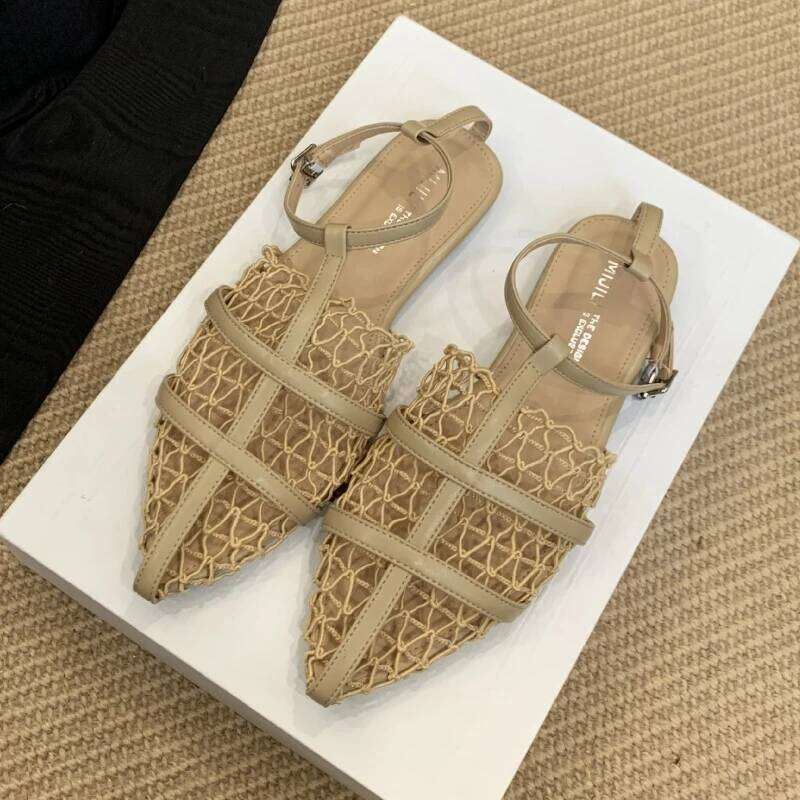 Mesh Hollow Comfort Flat Sandals Women Sexy Pointed Toe Naked Strap Summer Designer Shoe Party Elegant Dress Heels Ladies